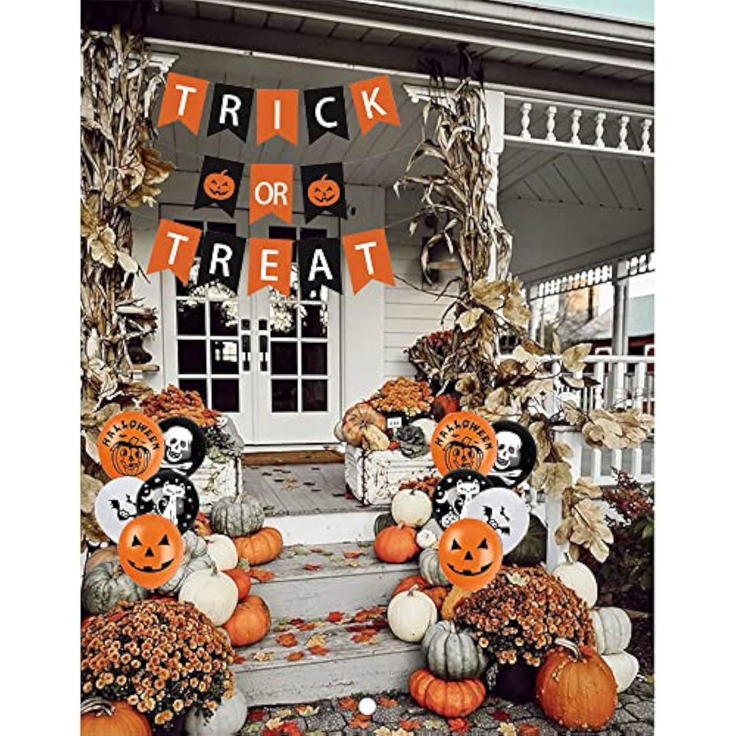 Halloween Happy Banner Decorations Trick or Treat Black Orange Banner with Balloons for Party