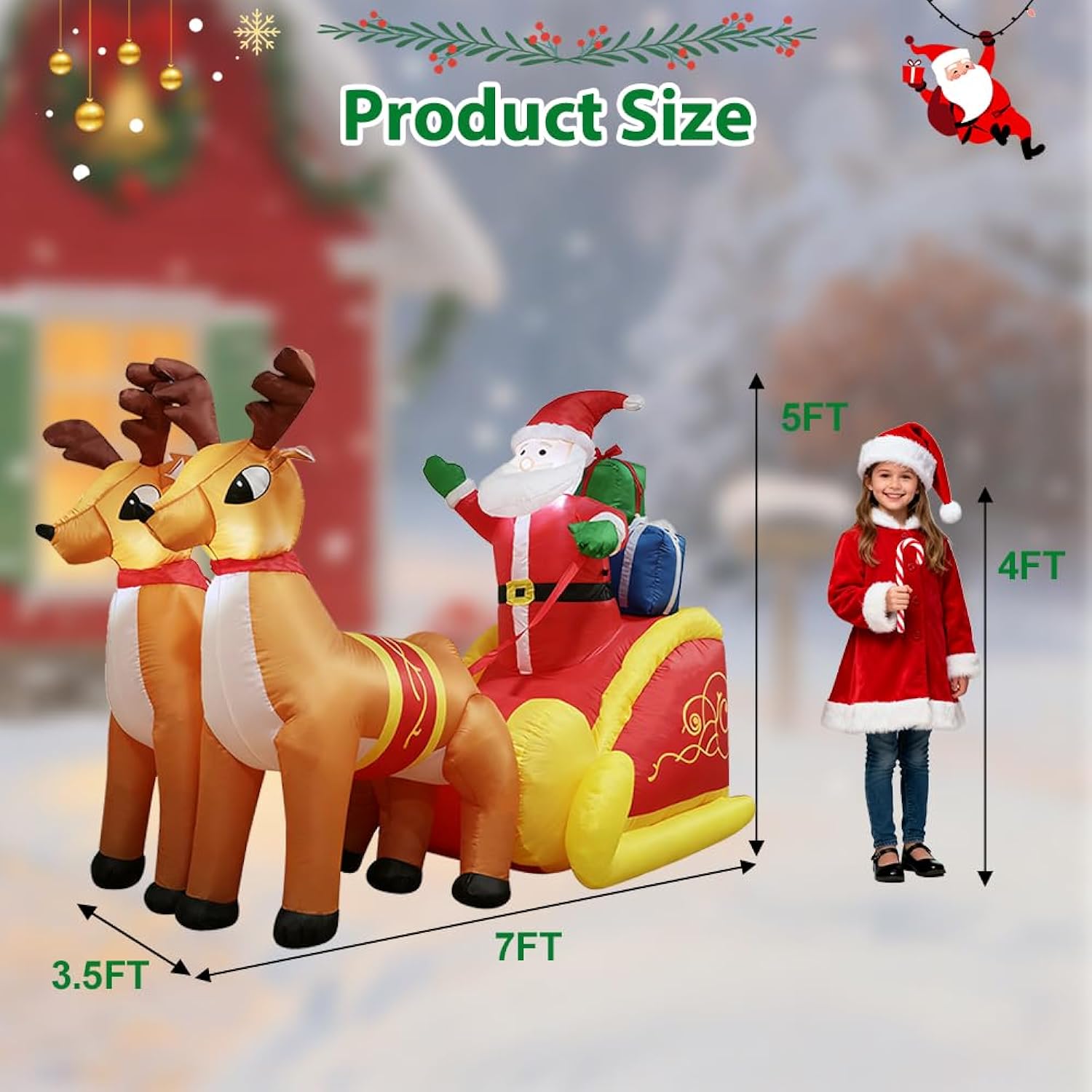 7Ft Long Christmas Inflatable Indoor Outdoor Decoration, Santa Carries Gifts On A Red Sleigh Pulled By 2 Reindeer Blow U