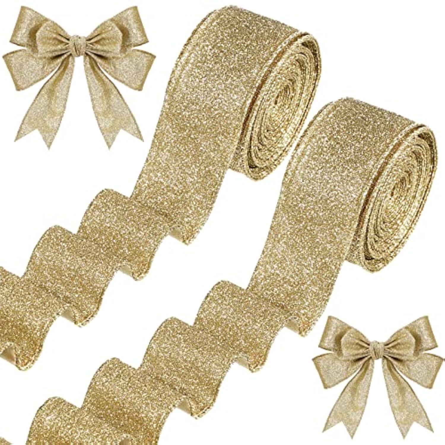 2 Roll 20 Yards Christmas Ribbon Wired Glitter Thick Ribbon Metallic W