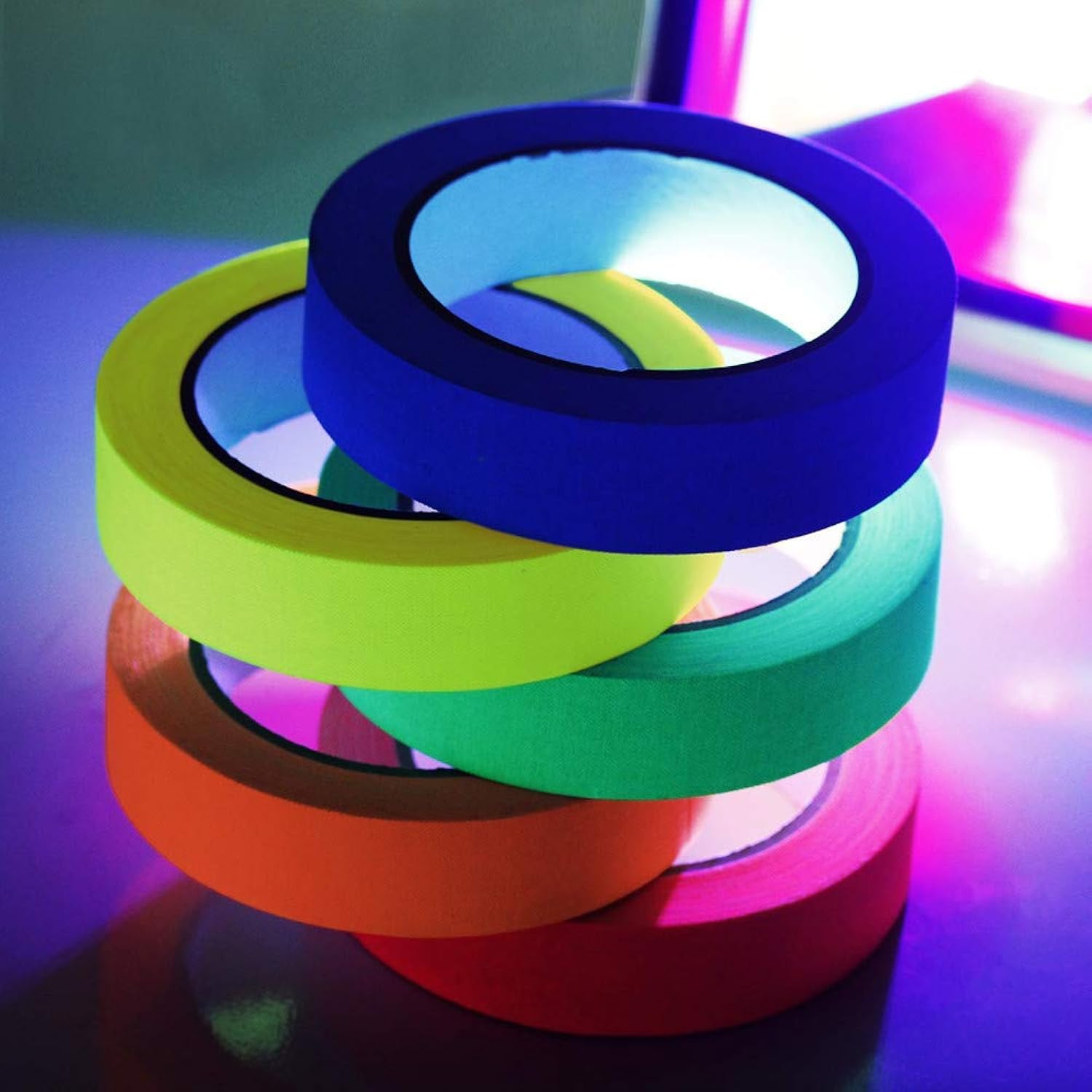 Uv Blacklight Reactive Fluorescent Cloth Tape Glow In The Dark Neon Gaffer Tape Birthday Christmas Party Supplies.Each Roll Is 0.6 Inch X 16.5 Ft (6-Pack)