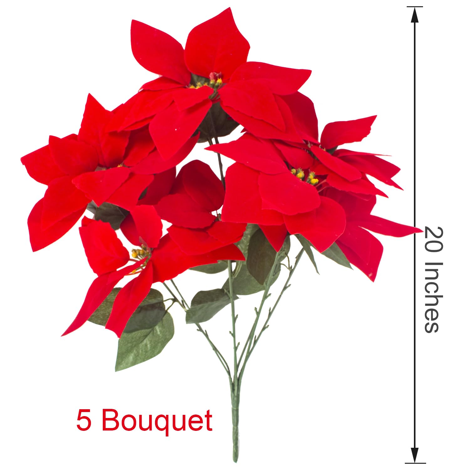 5 Artificial Poinsettia Flowers Bouquet Christmas 7 Heads 19.6”Faux Red Poinsettia Bush Fake Flowers For Home Porch Xmas Tree Garden Indoor Outdoor Office Christmas Decorations