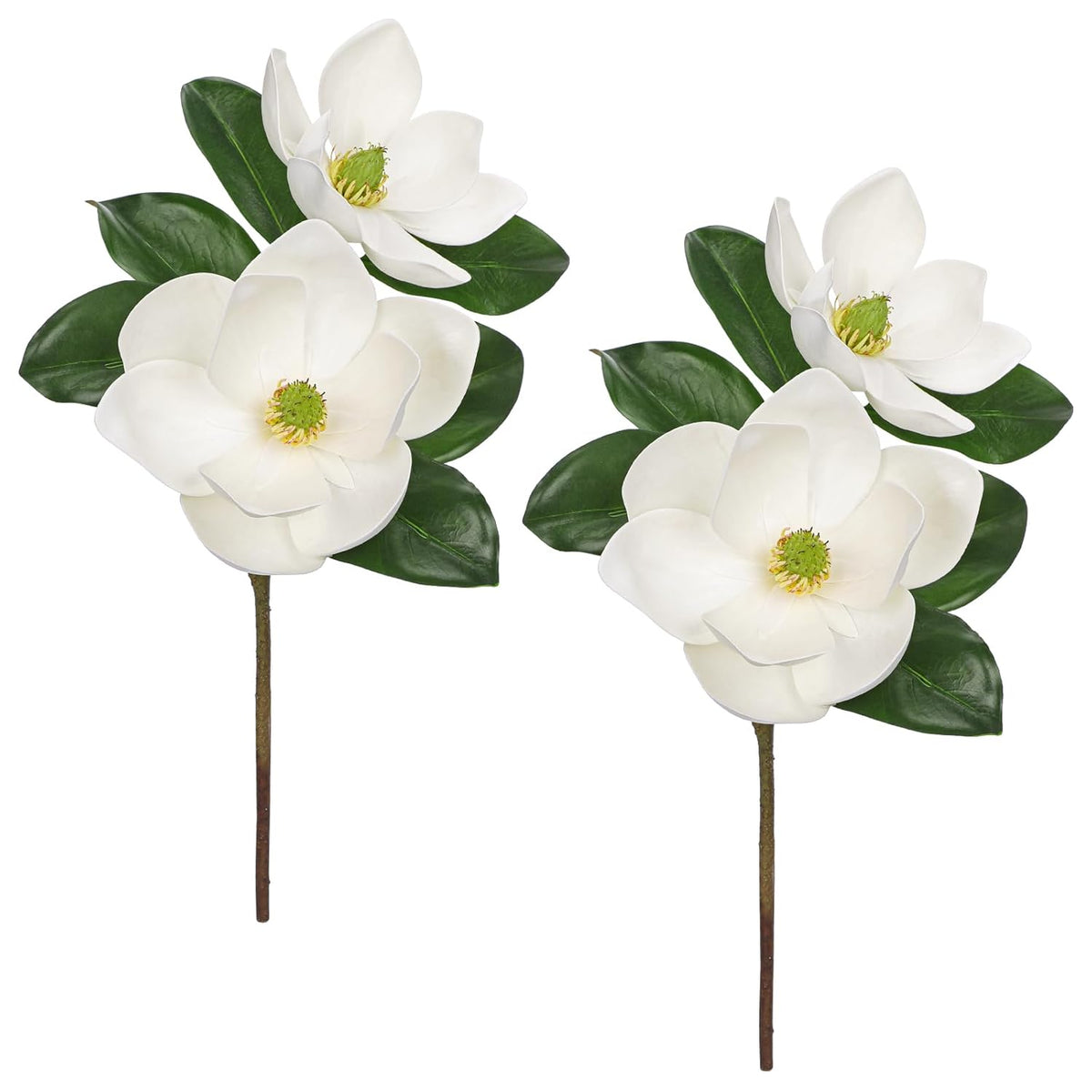 Artificial Magnolia Flower Stems Set Of 2 – 19.6” Faux White Magnolia Picks With Large Blooms And Green Leaves For Home Decor, Wedding Centerpieces, Floral Arrangements, Diy Crafts