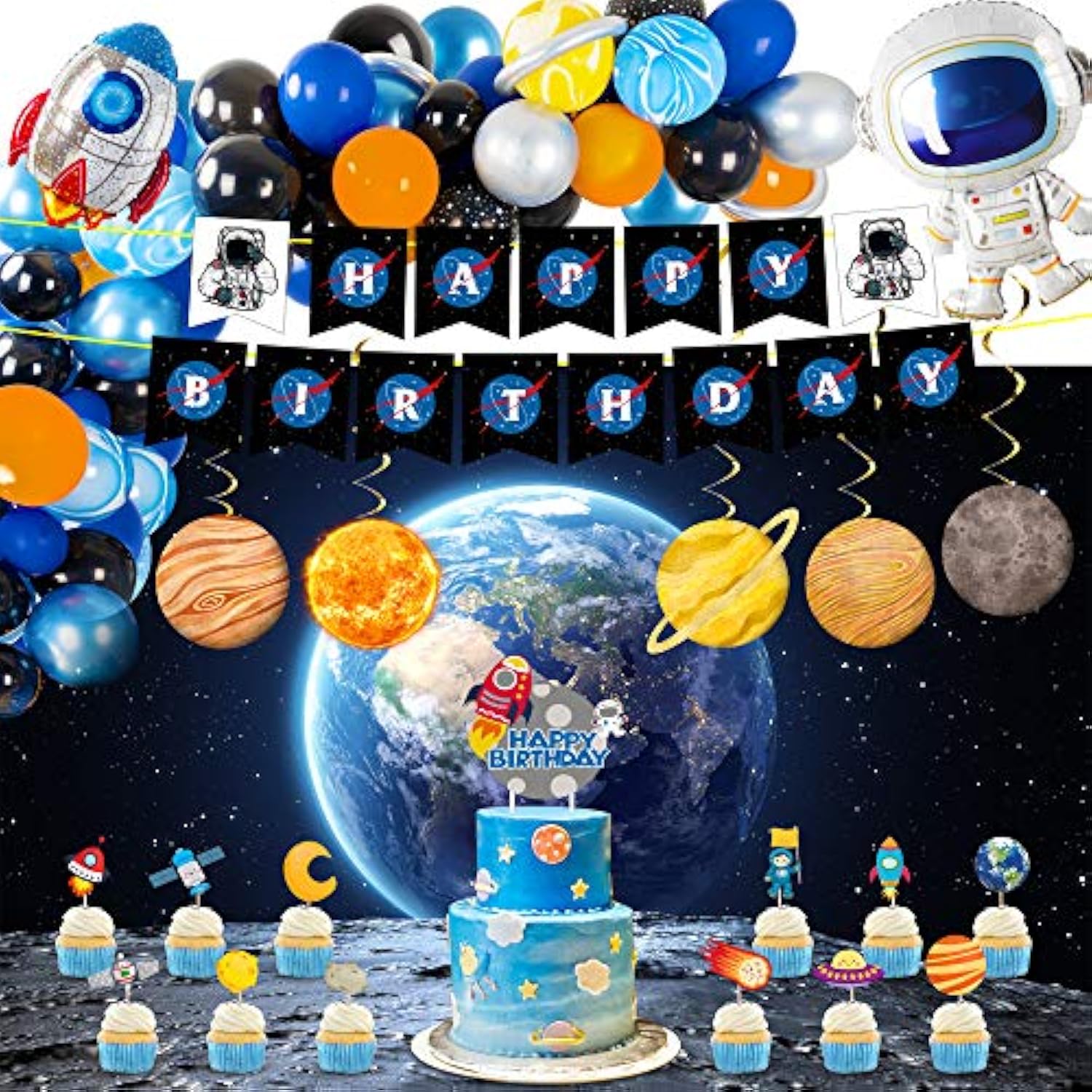 Outer Space Party Supplies, 87Pcs Party Decorations - Rocket Balloons, Solar System Swirl Decorations, Cupcake Toppers, Astronaut Birthday Banner, Backdrops