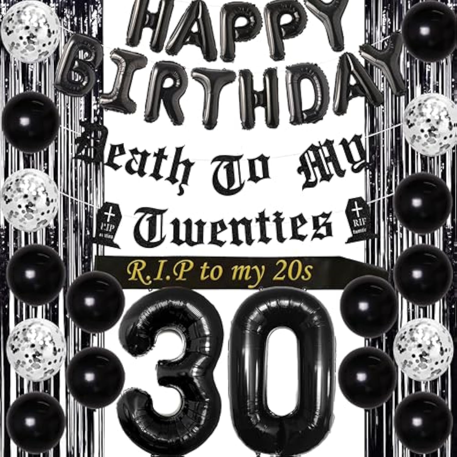30Th Birthday Decorations For Him Her Black Death To My Twenties Banner Rip To My 20S Sash Number 30 Happy Birthday Balloon Banner Foil Curtain For Funny Thirtieth Party Supplies