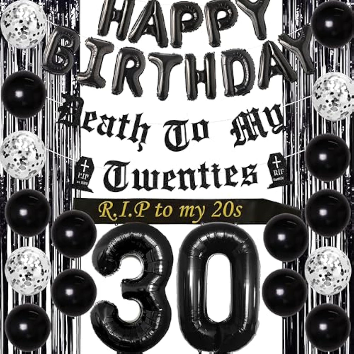 30Th Birthday Decorations For Him Her Black Death To My Twenties Banner Rip To My 20S Sash Number 30 Happy Birthday Balloon Banner Foil Curtain For Funny Thirtieth Party Supplies
