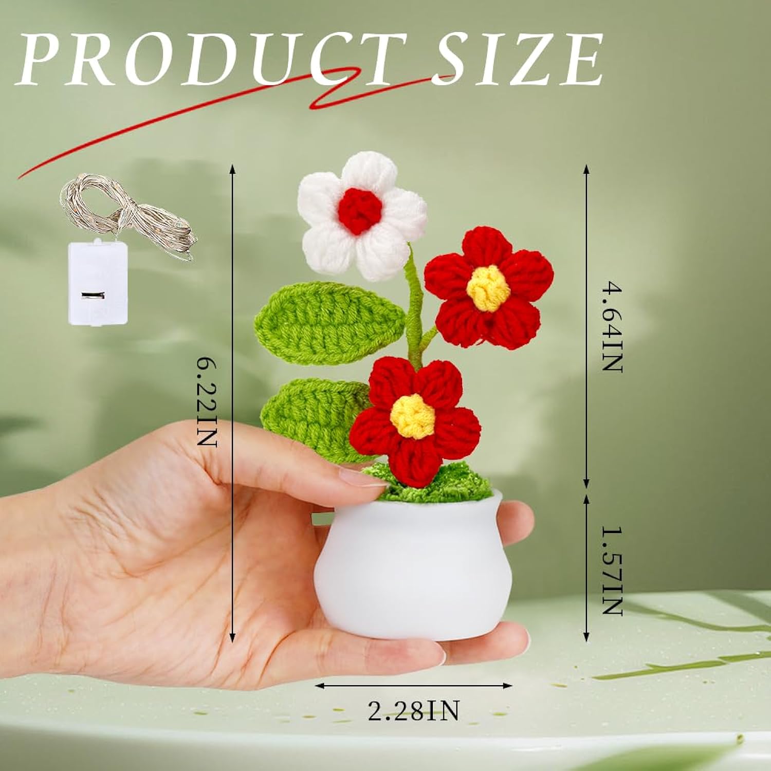 Crochet Potted Puff Flowers Knitted: Handmade Knitted Flower For Decorations Car Dashboard Desk Decor (Red)