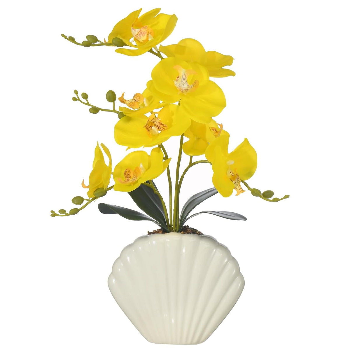 Artificial Phalaenopsis Orchid Plant In Seashell Pot, 16" Fake Orchid Flowers, Silk Faux Orchids For Home Decor, Office, Table Centerpiece, Real Touch Lifelike Indoor House Plant (Yellow)