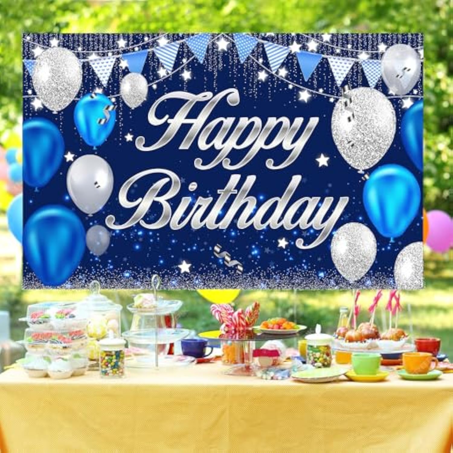 Happy Birthday Banner - Birthday Decorations For Men Women Boys Girls Blue Sliver Birthday Party Banners Welcome Happy Birthday Background Sign Theme Party Decorations Indoor Outdoor