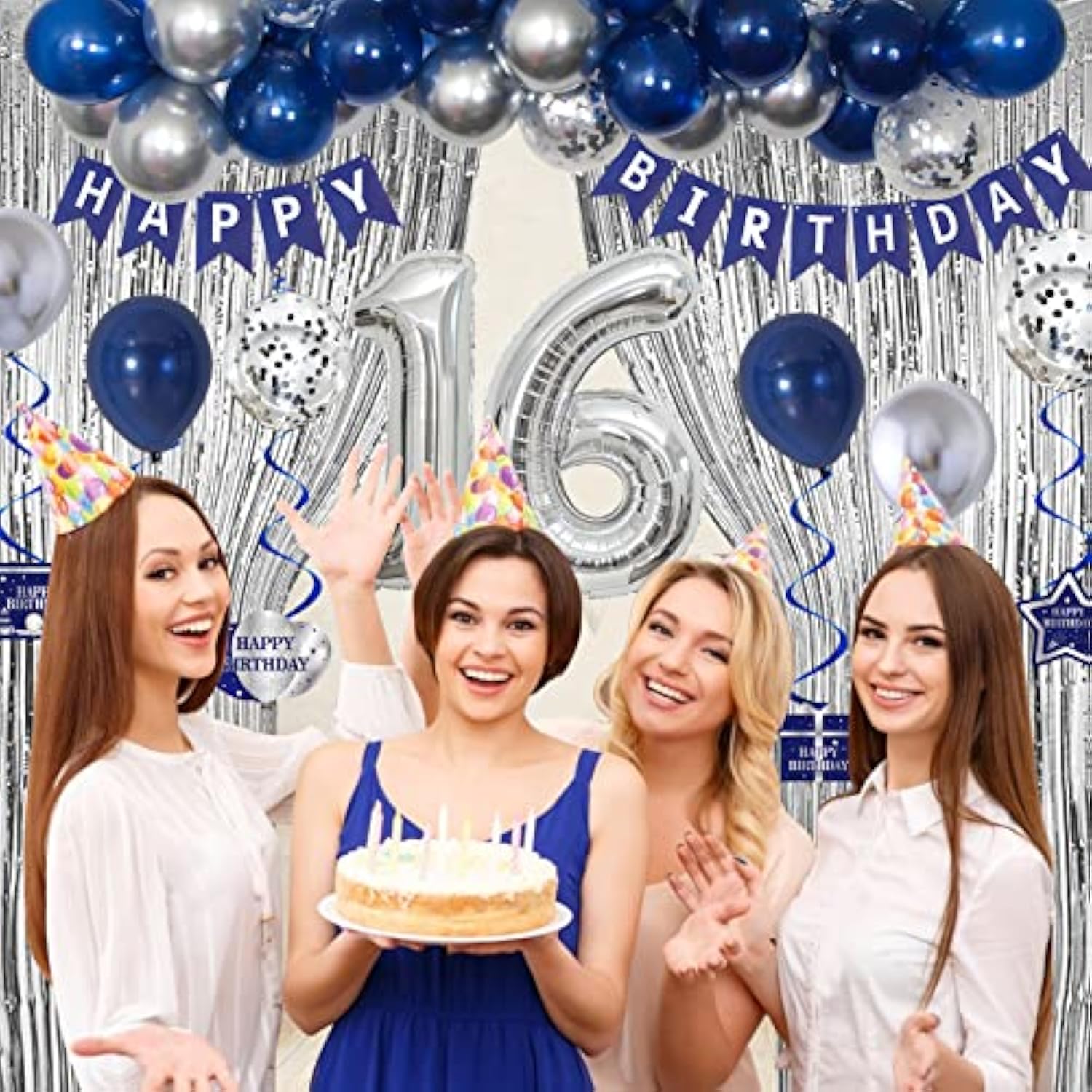 16Th Birthday Decorations For Boys Girls, Blue And Silver Happy 16Th Birthday Decorations Boy, Happy 16Th Birthday Banner Balloons Tablecover Fringe Curtains, 16 Years Old Bday Decor Party Supplies