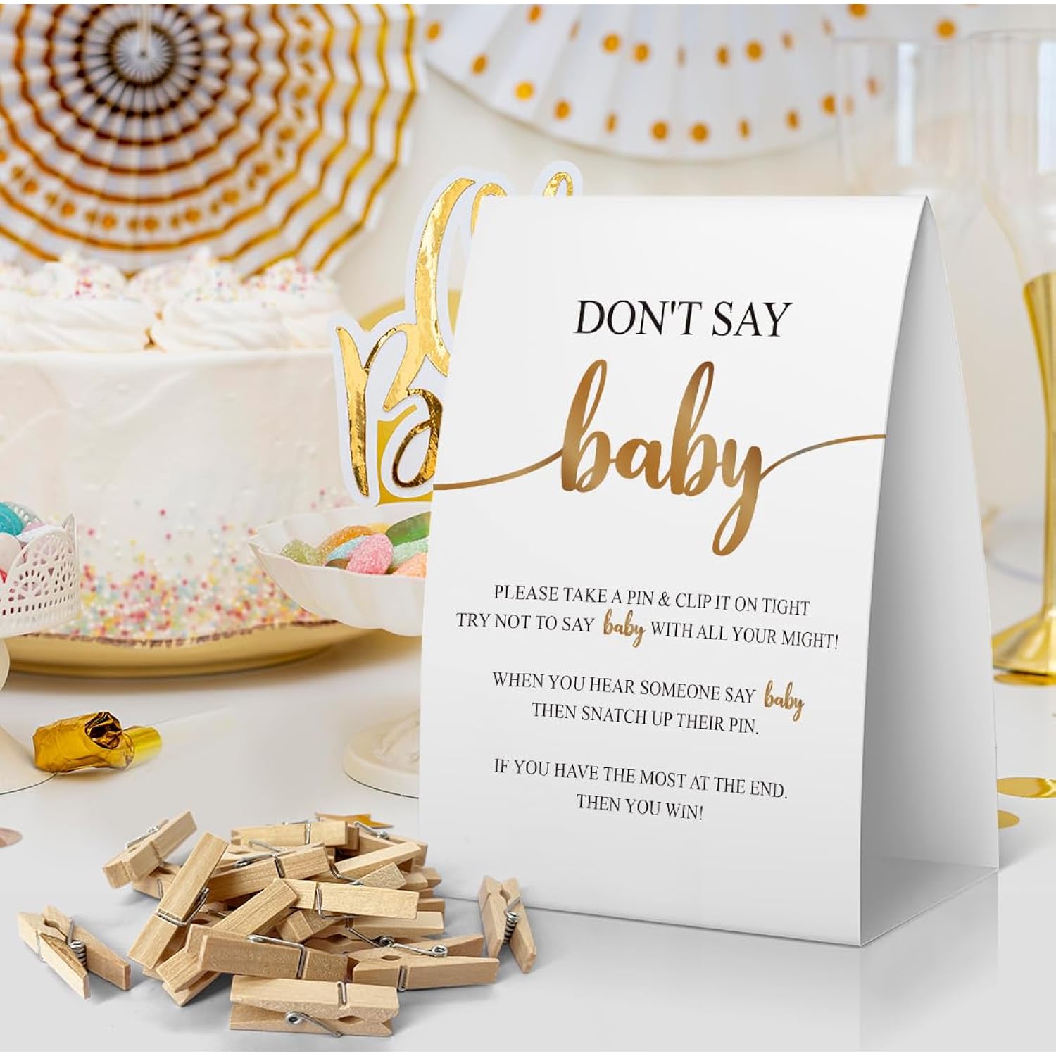 Don'T Say Baby Baby Shower Game, Baby Shower Decorations, Gold & Black Don'T Say Baby Sign, Fun Baby Shower Games, Clothespins For Baby Shower-Dsba32