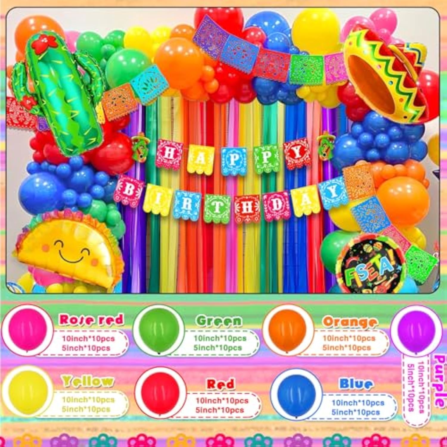 Fiesta Birthday Party Decorations, Mexican Birthday Party Decorations, Picado Banner, Banner, Taco Llama Cactus Balloons Garland, Paper Streamers For Mexican Carnival Bday Decor