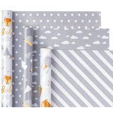 Reversible Baby Shower Wrapping Paper Roll - Mini Roll - 3 Rolls - 17 Inch X 120 Inch Per Roll - Cute Hedgehog, Animals & Baby Lettering Design For Neutral Baby Shower