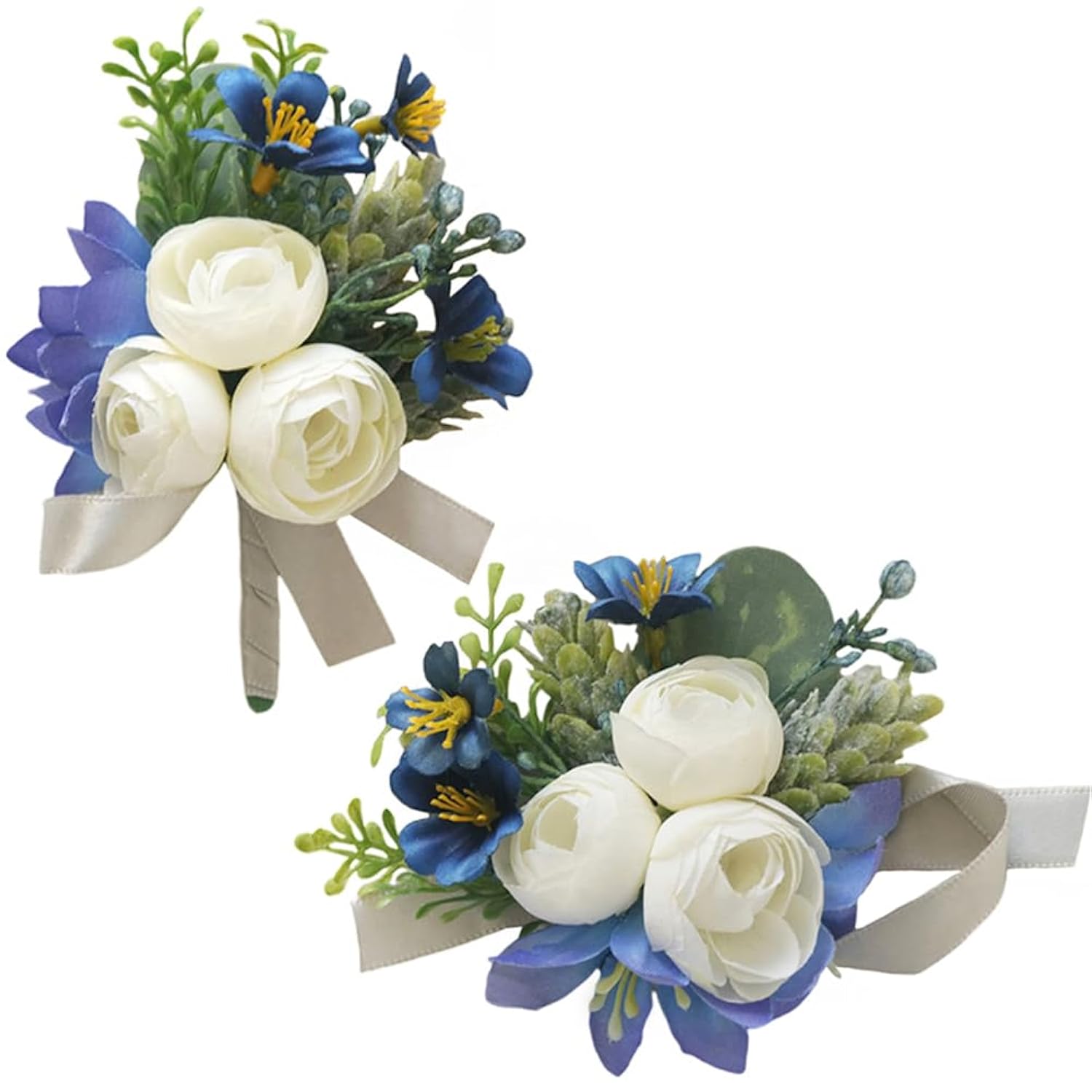 2 Pieces Artificial Wrist Corsage Boutonniere Set, Grooms Groomsmen Bridal Bridesmaids Wedding Flowers Accessories Prom Party Suit Decoration - Blue&White