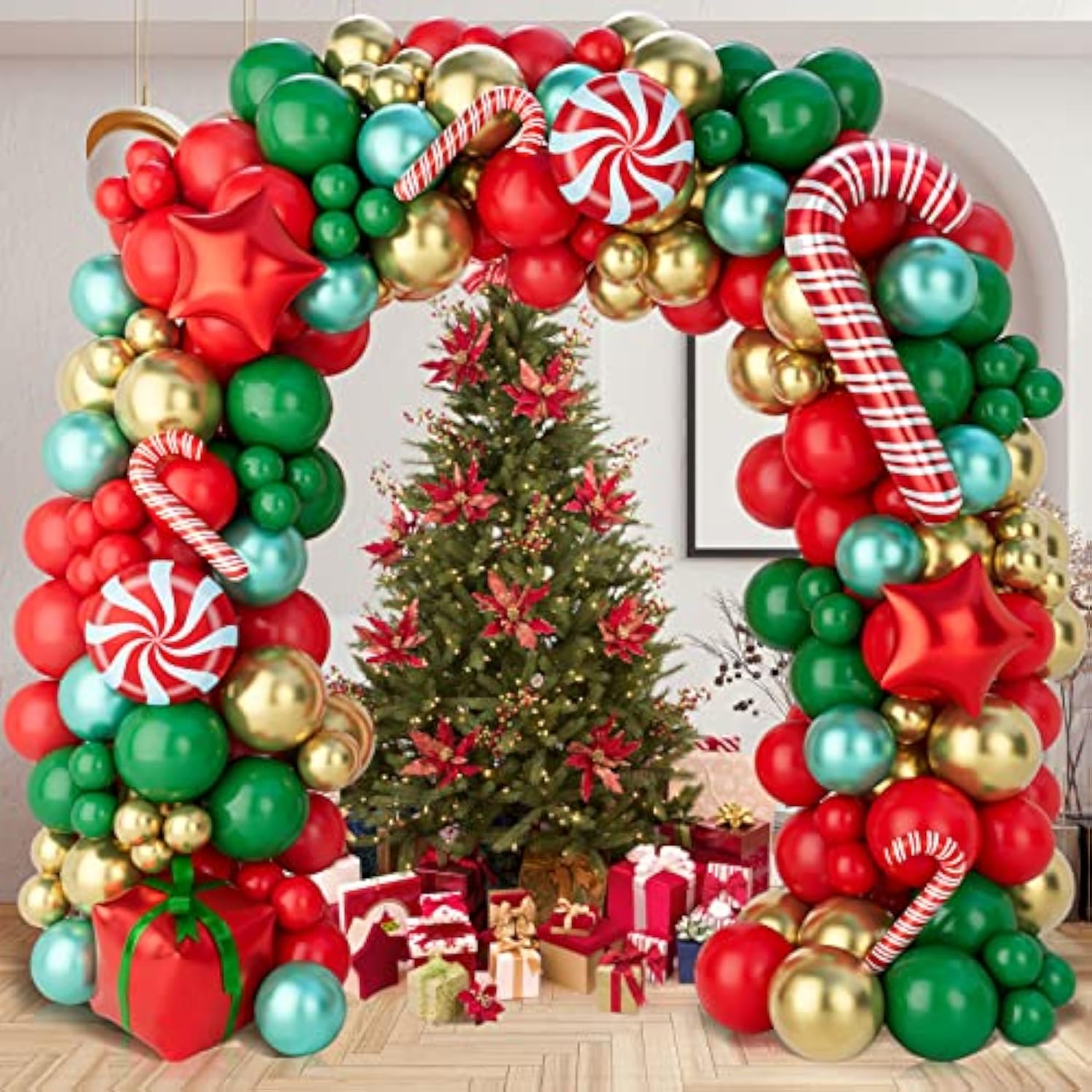 Christmas Balloon Garland Arch Kit 149Pcs Red Green Gold Balloons Candy Balloons Gift Box Balloons For Christmas Party Decorations Supplies