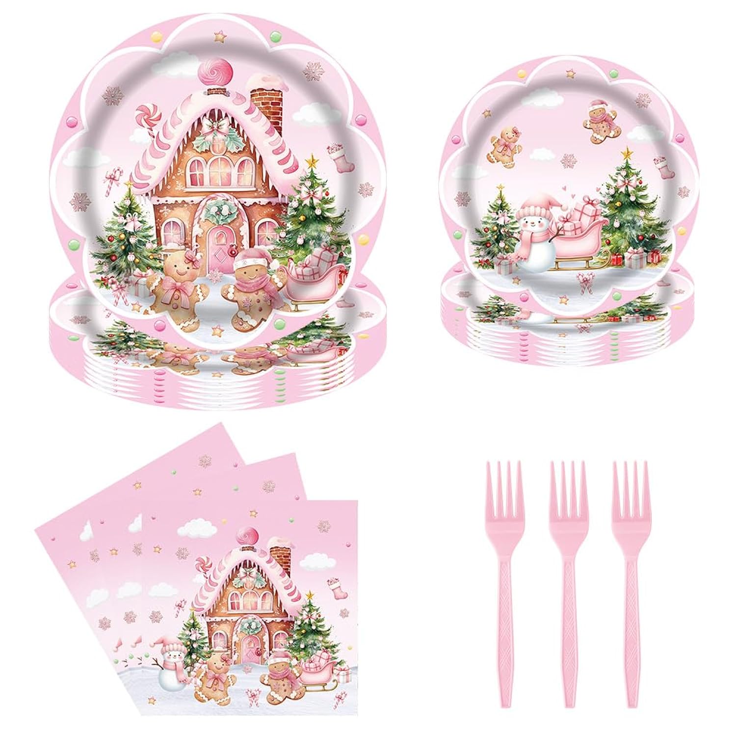 Christmas Pink Gingerbread House Tableware Set 96 Pcs Disposable Plates Napkins Forks Snowman Gingerbread Man Xmas Tree Happy Birthday Merry Christmas Party Decorations Serve 24 Guests