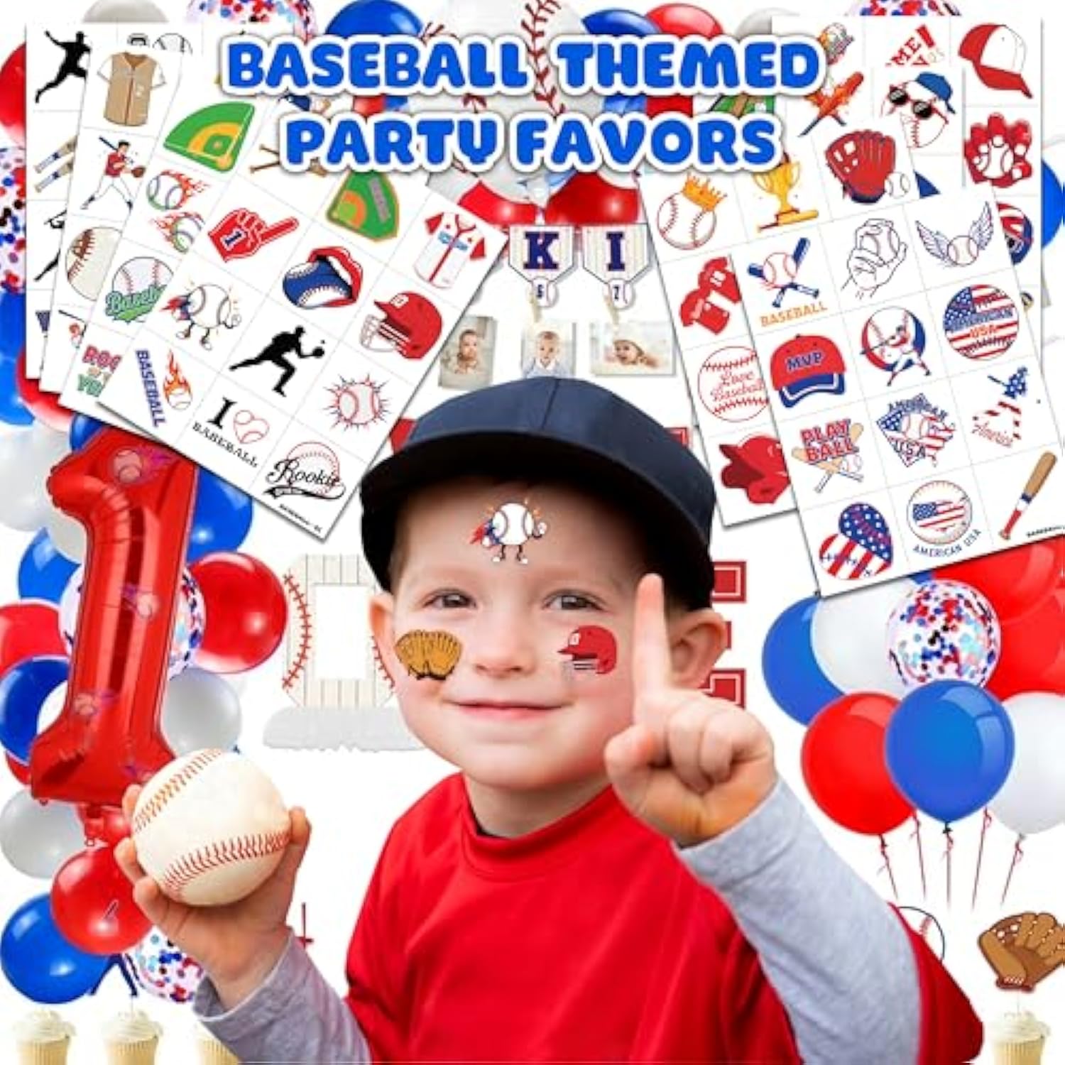 96 Pcs Baseball Sports Pre-Cut Temporary Tattoos For Kids | Super Cute Baseball Themed Birthday Party Favors, Supplies, Decorations, Fake Tattoo Stickers (Multiple)