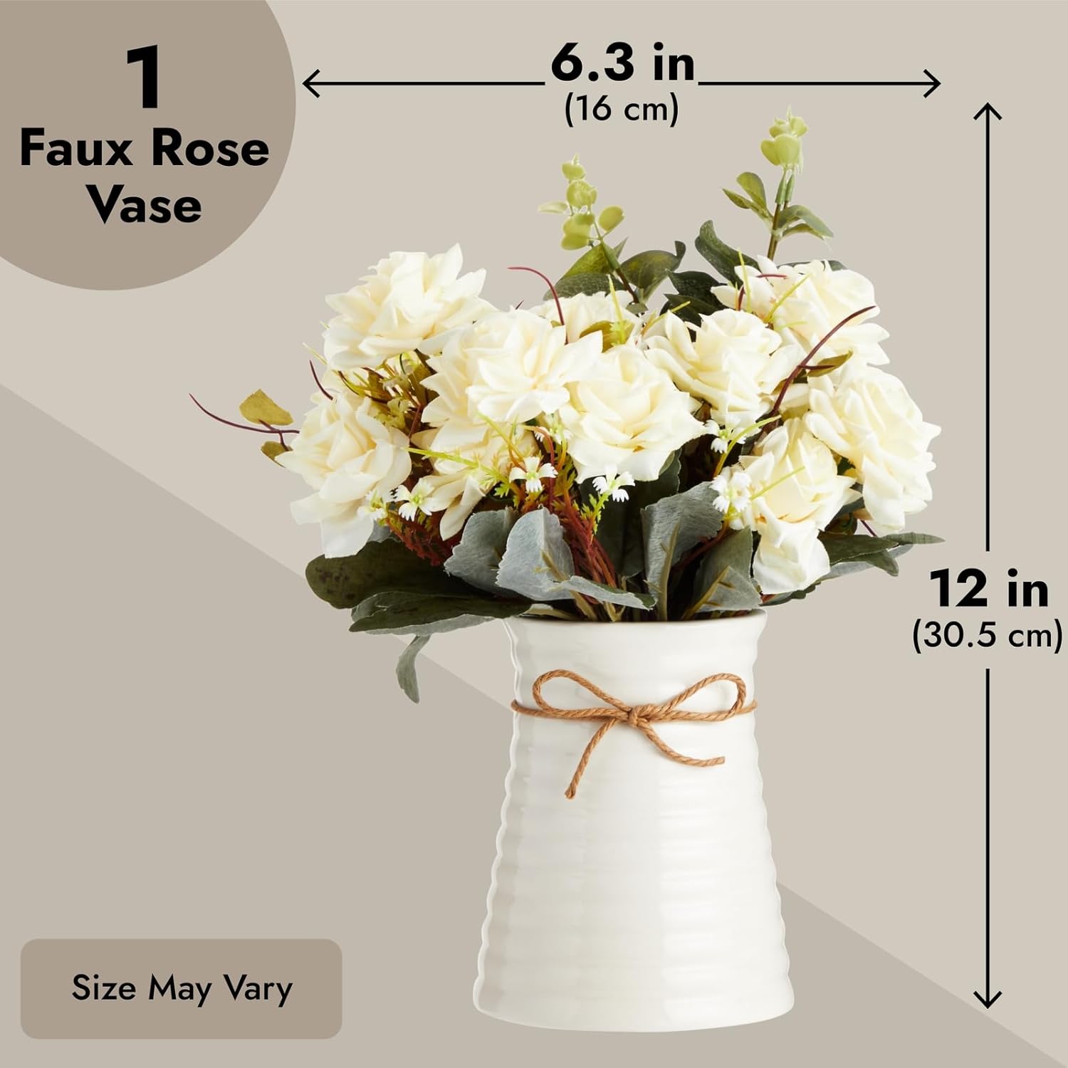 White Ceramic Vase - Centerpieces For Tables - Farmhouse Bathroom Decor - Country Flower Arrangement - 6.3" D X 6.2" W X 12" H, White