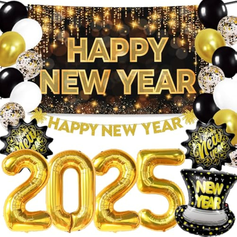 , New Year Eve Party Supplies 2024 Set - Big, Pack 41, Black And Gold 2024 Balloon Arch Kit | Happy New Year Banner, Happy New Year Decorations 2024 | New Years Balloons, Nye Decorations 2024