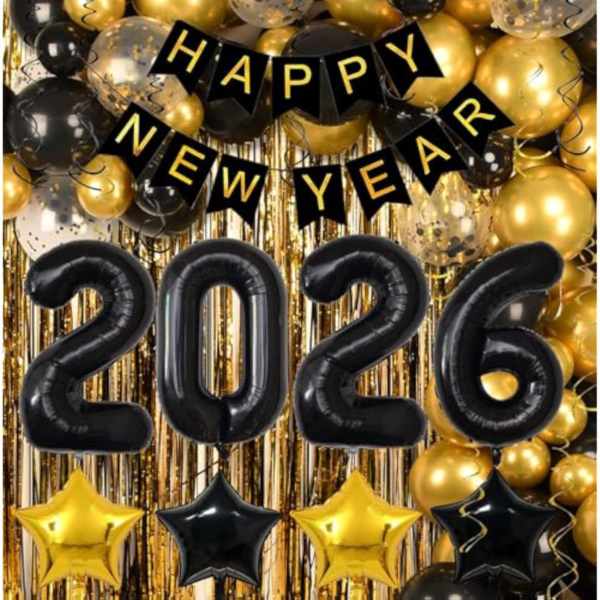 New Year 2026 Party Kit 153 Pc Black Gold Balloons Banner Swirls Backdrop