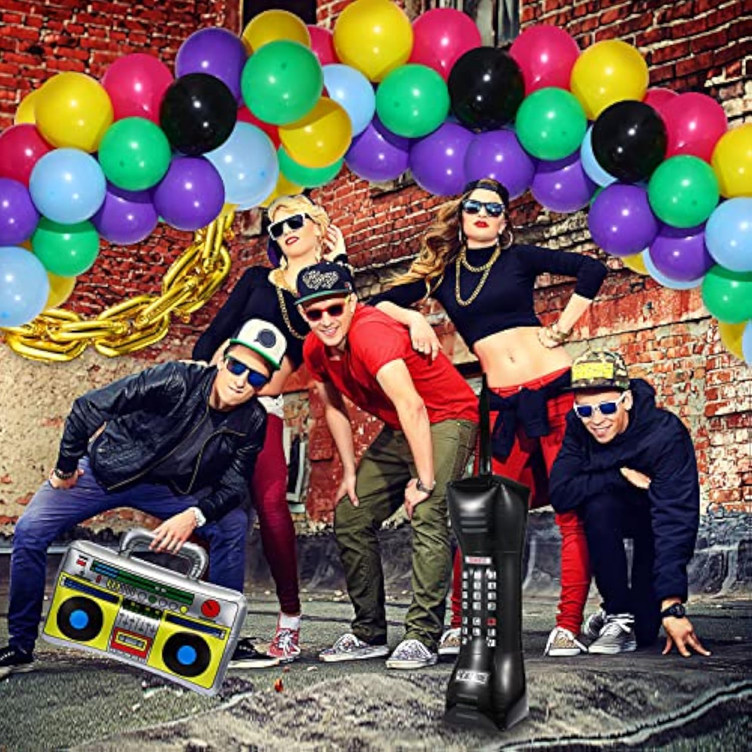 90S 80S Theme Party Balloons Backdrop Decorations Include Inflatable Boom Box Inflatable Retro Mobile Phone Gold Chain Balloons Garland Kit For Back To 90S 80S Party For Birthday Decor