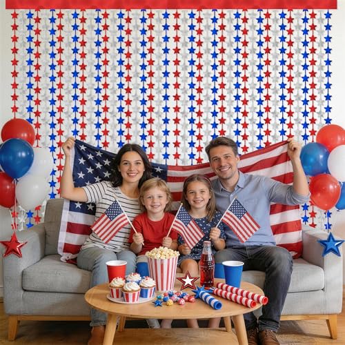Patriotic Decorations Backdrop,2 Pack Red White and Blue Party Photo Backdrop Patriotic Tinsel Foil Fringe Curtains,Red White and Blue Streamers Tinsel Backdrop Decor,Veterans Day Decorations