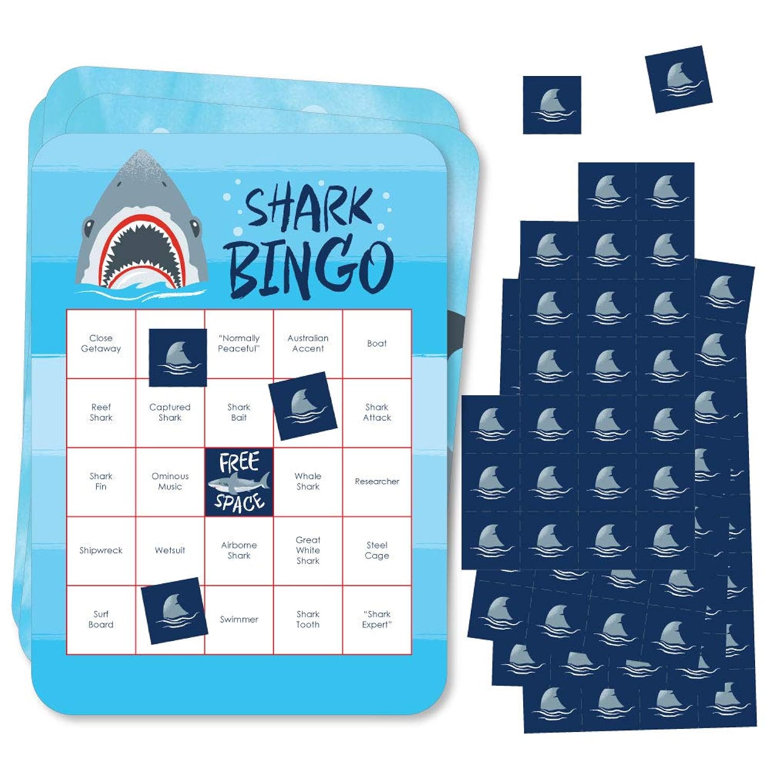 Big Dot of Happiness Shark Zone - Bingo Cards and Markers - Jawsome Shark Party Bingo Game - Set of 18