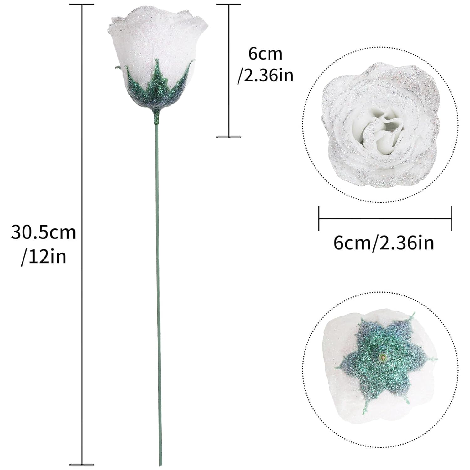 Artificial Roses,30Pcs White Roses Glitter Roses Artificial Flowers For Crafts Wedding Bouquet Home Decoration(White With Silver Glitter)
