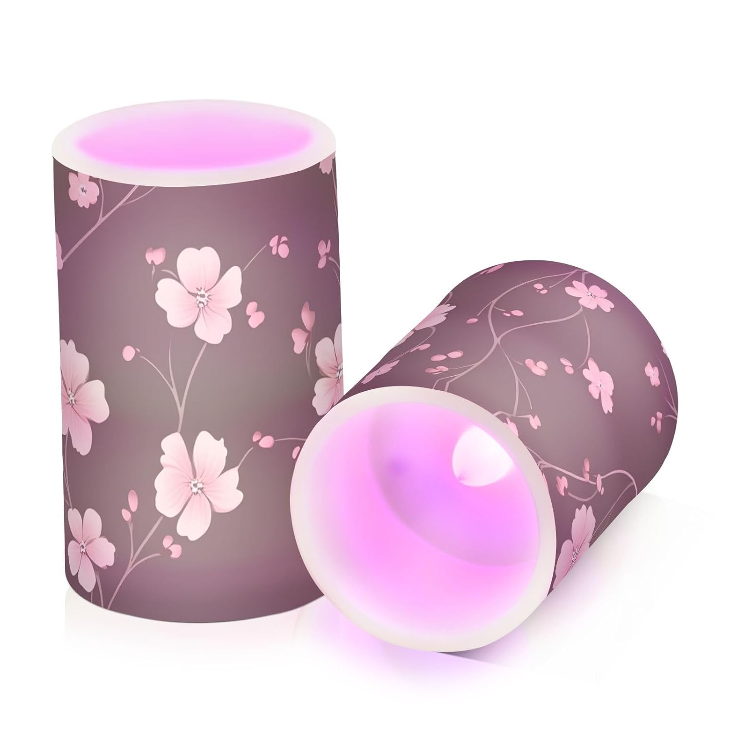 Pink Cherry Blossom Flower Pattern Flameless Candles Flickering Led Candles With Remote Timer Battery Operated Pillar Candles Set Of 2 For Dinner Holiday Decor