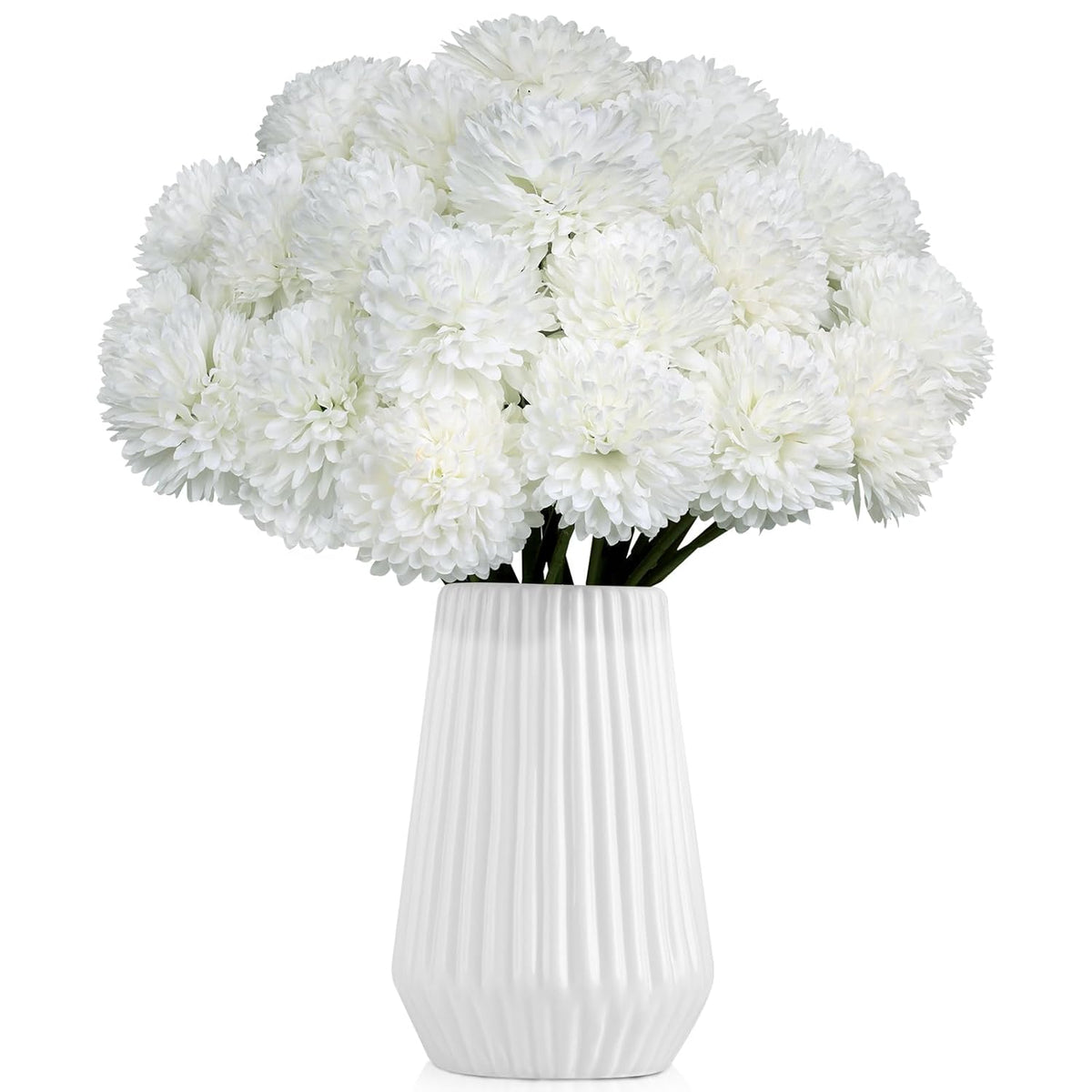 36 Pcs White Artificial Flowers Faux Ball Chrysanthemum Bouquet Silk Flowers Bridal Wedding Bouquet For Home Garden Party Office Coffee House Decoration (White)