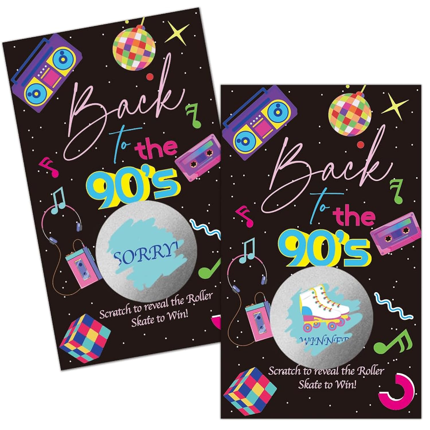 50 Pack Back To The 90S Theme Scratch Off Game, Retro Earphone Roller Skate Scratch Card For Baby Shower Birthday Party Lottery Group Games Enterprises Activity, Baby Shower Activity And Idea