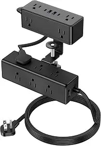 Dual Layer Desk Clamp Power Strip 13 Outlets 20W USB C 5FT Cord 1200J Black