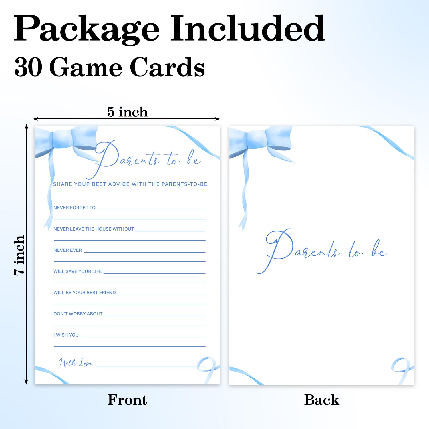 Blue Bow Baby Shower Games For Boys, Parents To Be Game Cards, Baby Shower Activity Gender Reveal Games Party Supplies, 30 Double-Sided Game Card Set -B17