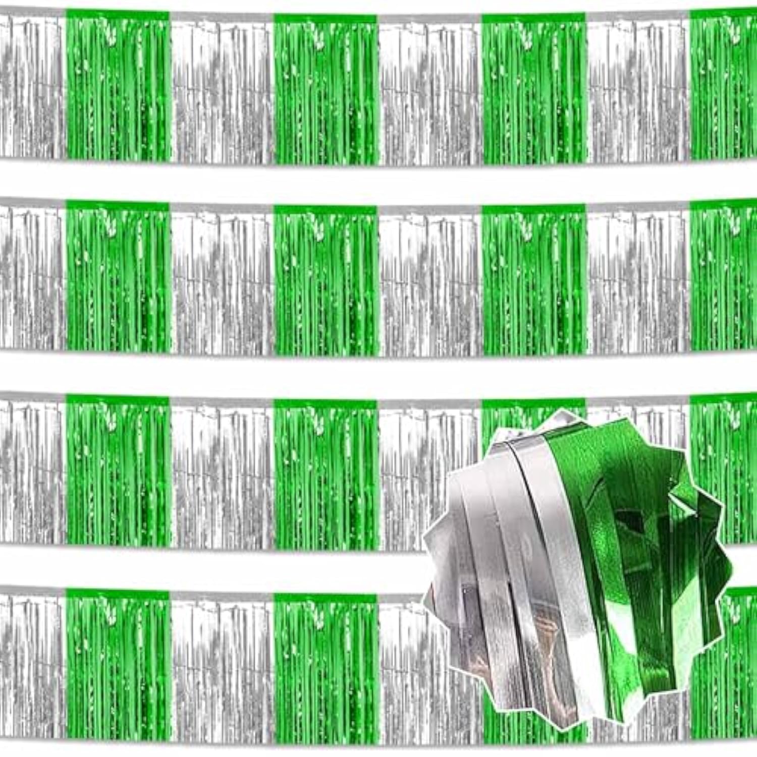 4 Pack 10 Ft Silver Green Foil Fringe Garland Metallic Streamers Tinsel Banner Wall Hanging Garland Backdrop For Parade Floats, Halloween, Christmas, Thanksgiving, New Year Party Decorations