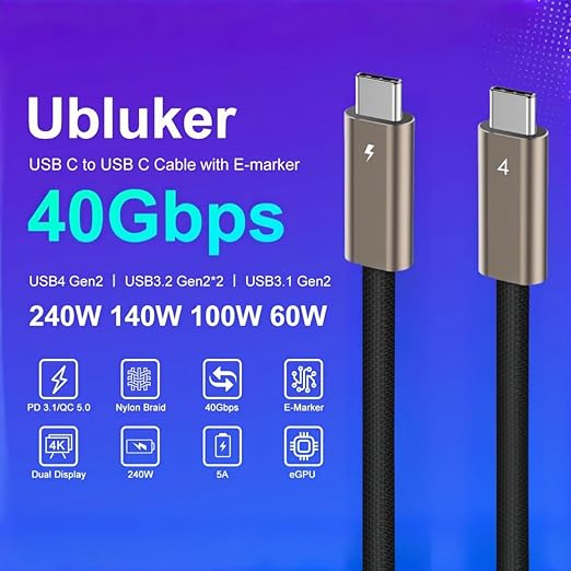 USB4 40Gbps USB C to USB C Cable 3.3FT 240W 5A EMarker Thunderbolt 4 Compatible
