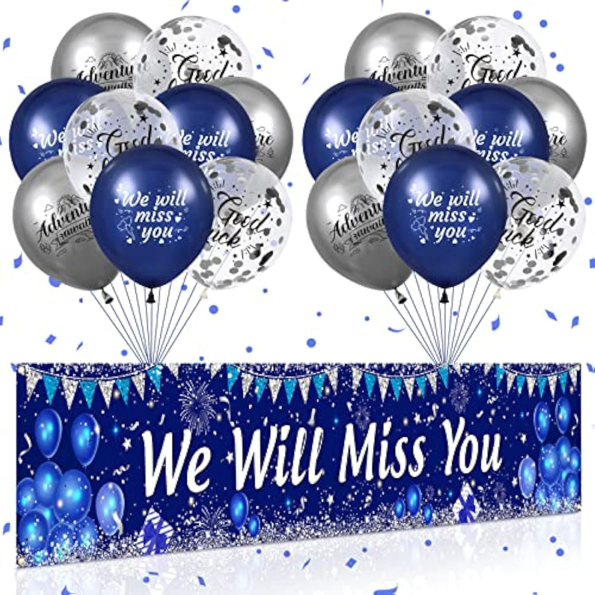 Blue We Will Miss You Party Decorations Navy Blue Silver We Will Miss You Banner And 18Pcs Good Luck Going Away Balloons For Farewell Retirement Graduation Coworker Leaving Goodbye Party