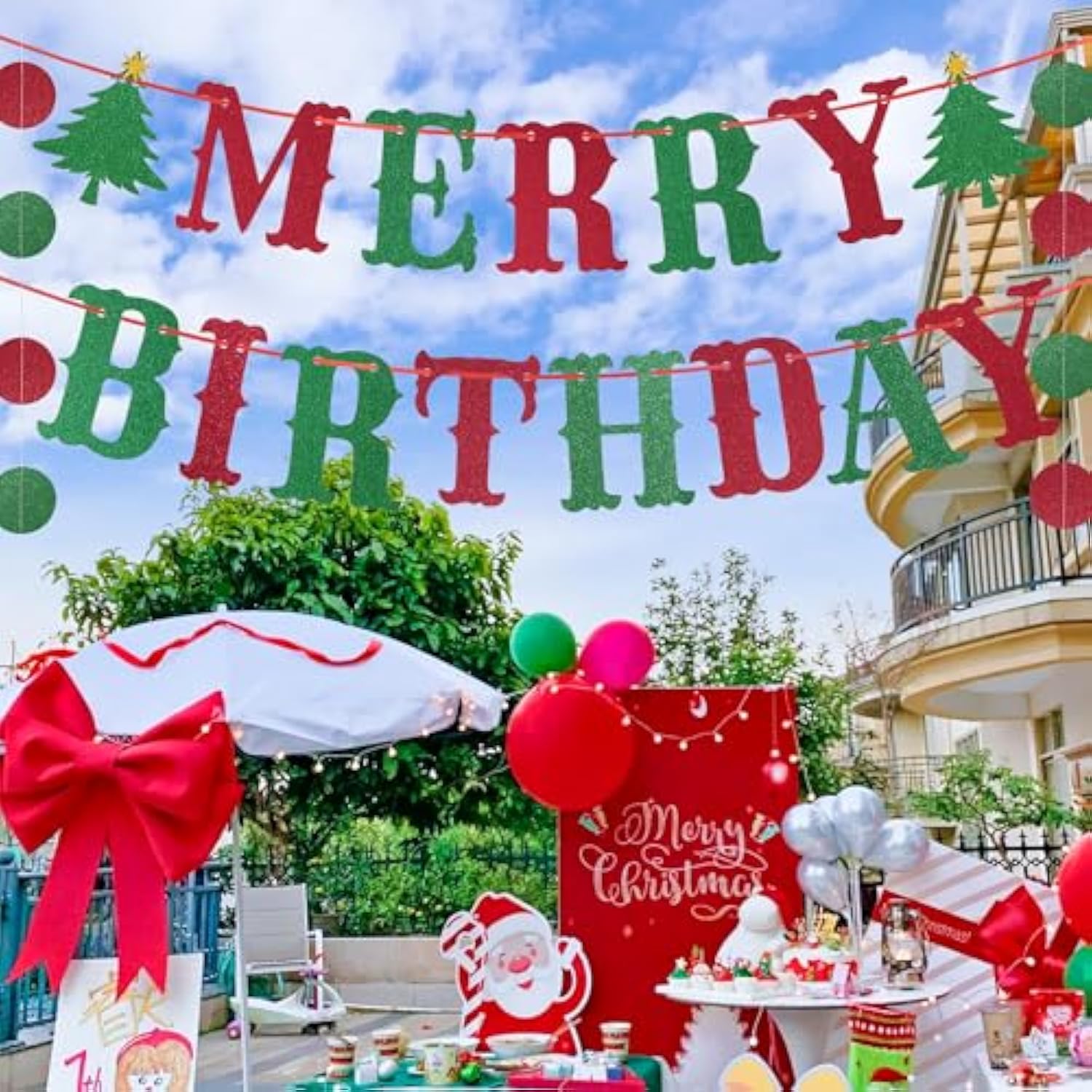 Merry Birthday Banner - Red, Green Glitter, Christmas & Birthday Party Decorations