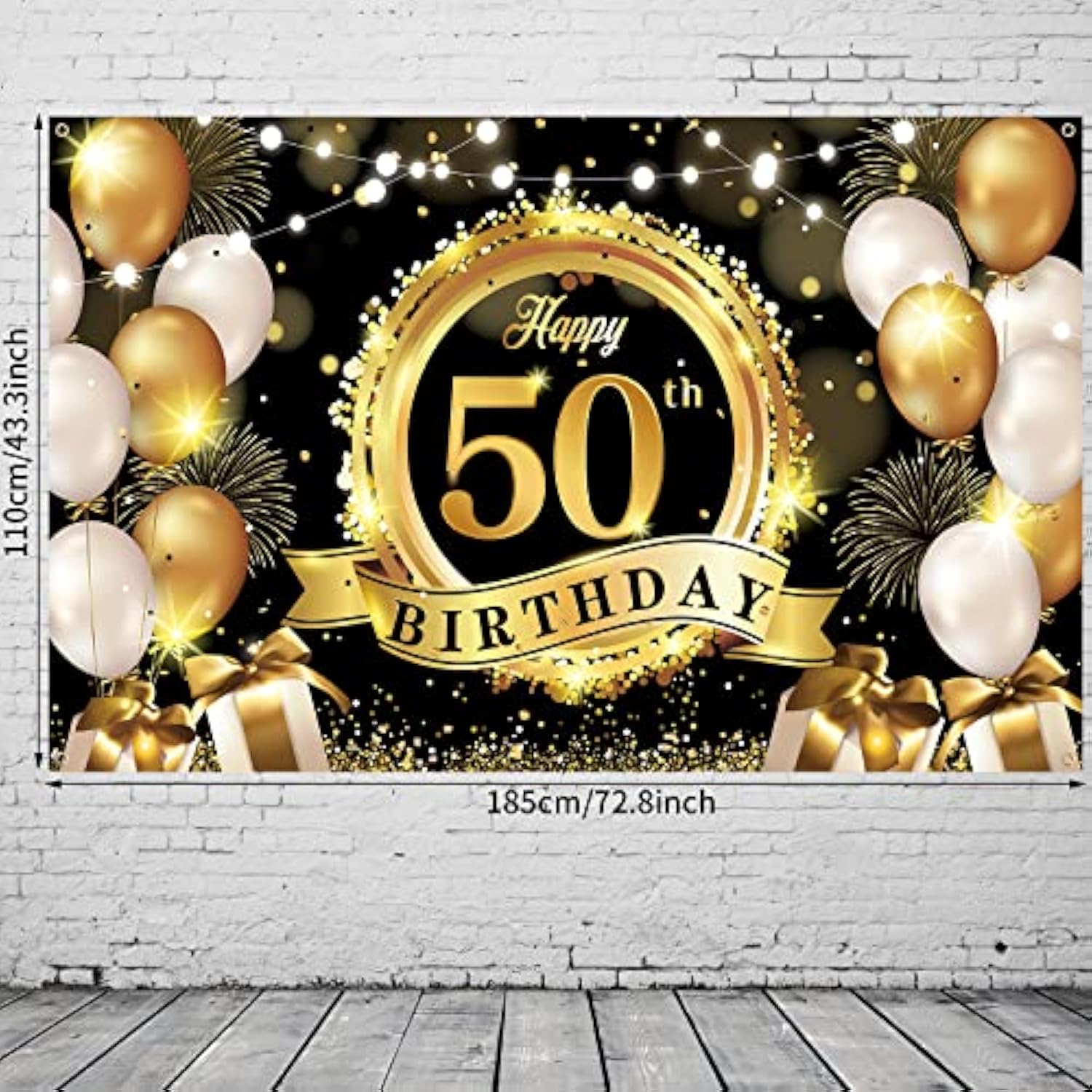 Happy 50th Birthday Backdrop - Black & Gold Extra Large Fabric Banner (72.8x43.3 Inch)