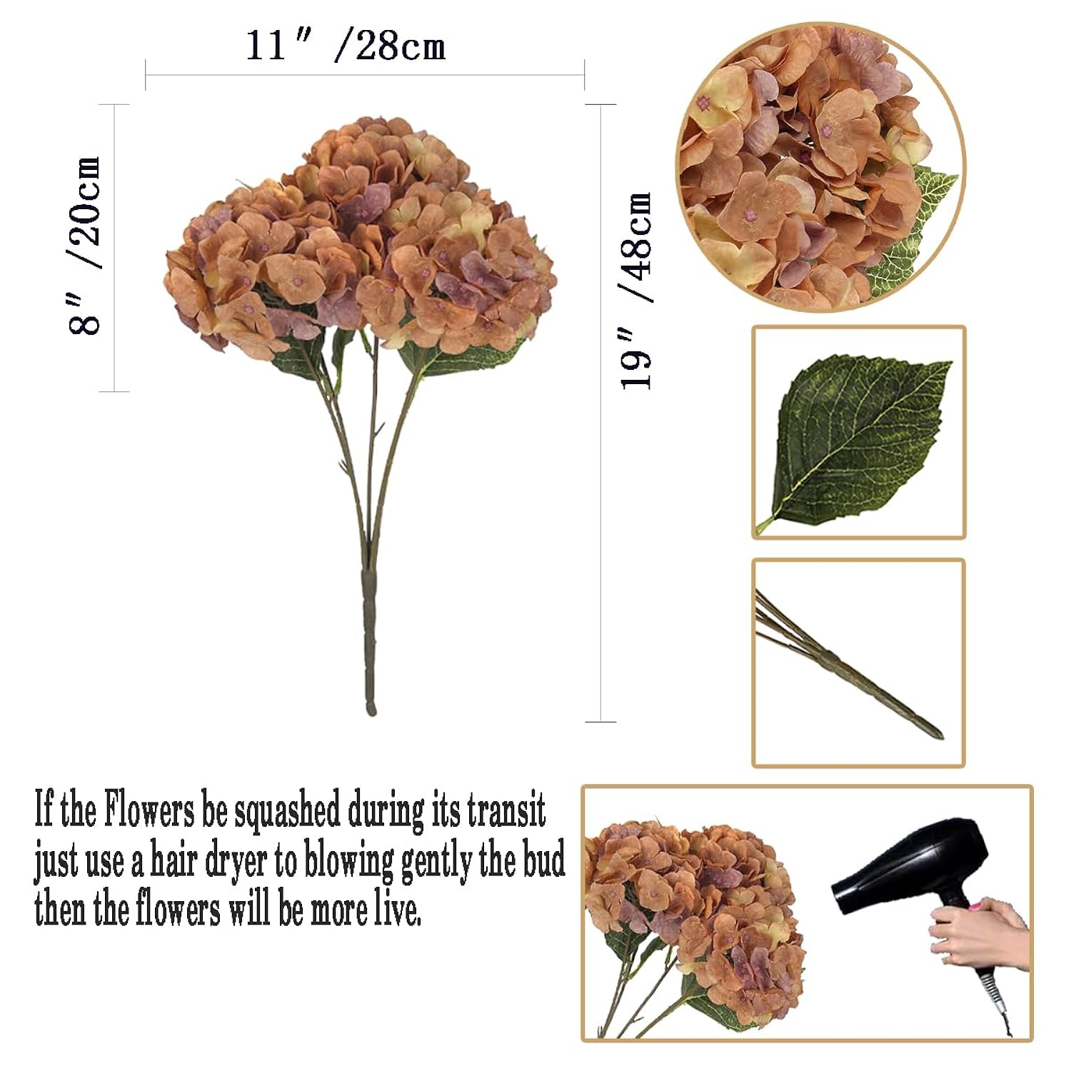 2Bouquets Artificial Fake Flowers Plants Silk Hydrangea Arrangements Wedding Bouquets Decorations Plastic Floral Home Kitchen Garden Party Festival Bar Diy(Brown Yellow)