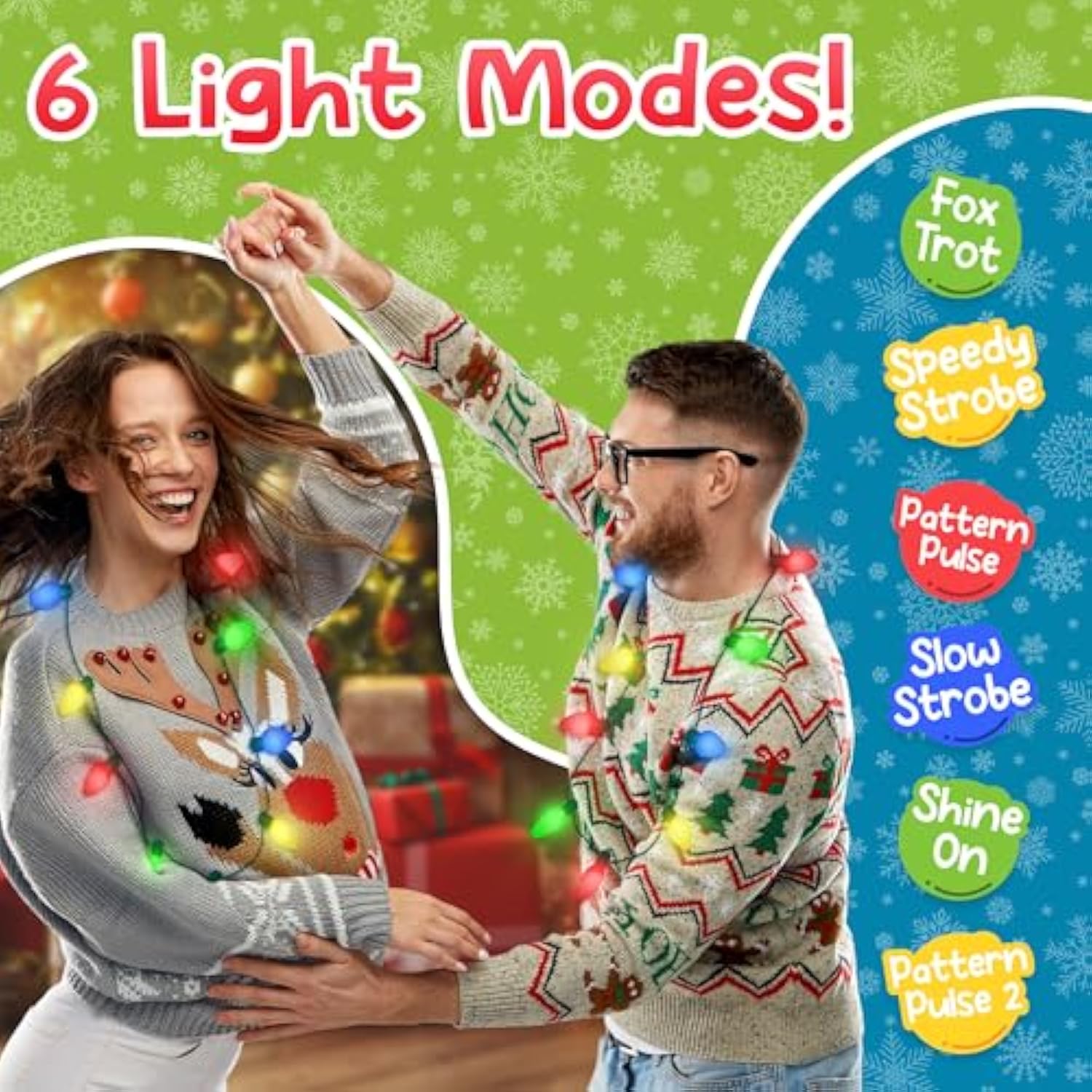 Windy City Novelties LED Light Up Christmas Bulb Necklace with 6 Dynamic Light Modes – Flashing Holiday Accessory for Parties, Parades & Festive Events