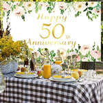 Elegant White 50Th Anniversary Backdrop, Polyester, Rose Gold Peony Design, Included Rope, For Couple Surprise, Wedding Supplies