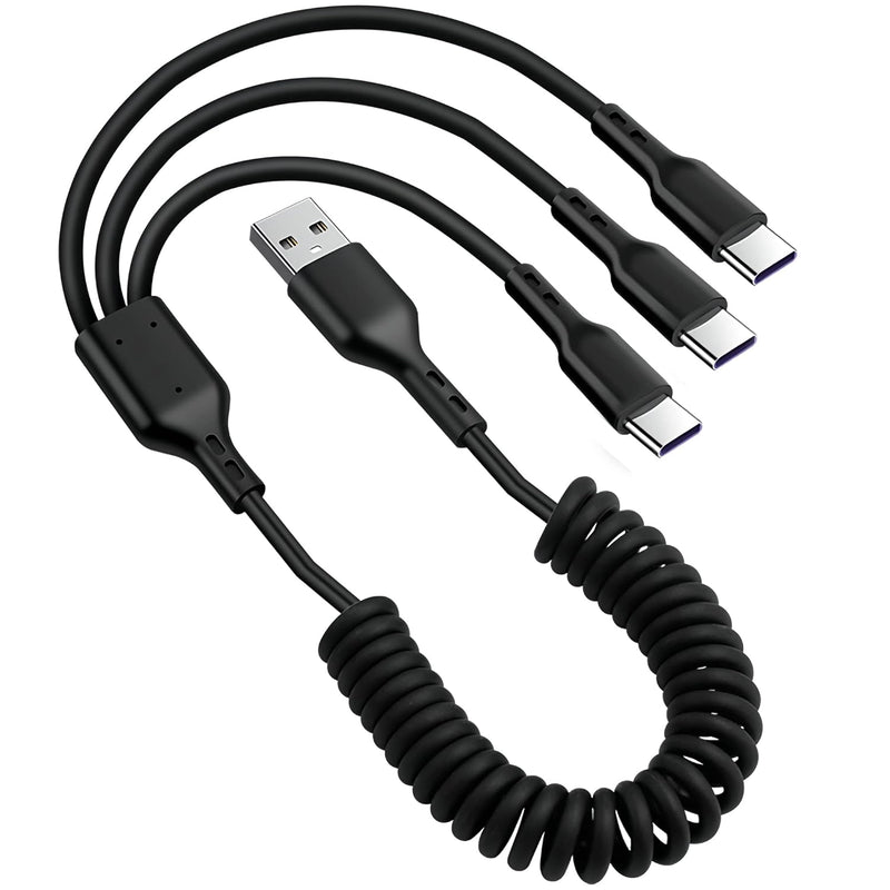 Retractable Usb A To Usb C Multi Charging Cable,Coiled 5A 3 In 1 Multiple Usb