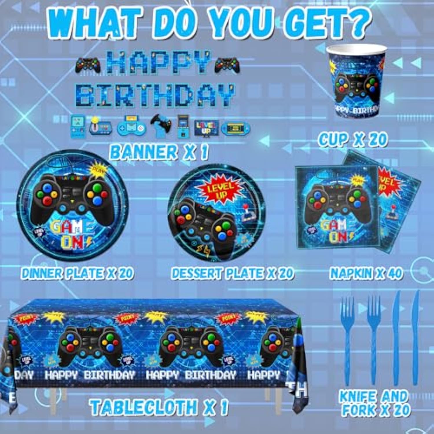 Video Game Birthday Decorations,142Pcs Gamer Birthday Party Decorations Tableware Plates And Napkins,Banner,Tablecloth,Cup,Blue Video Game Decorations For Boys Birthday Party Decorations
