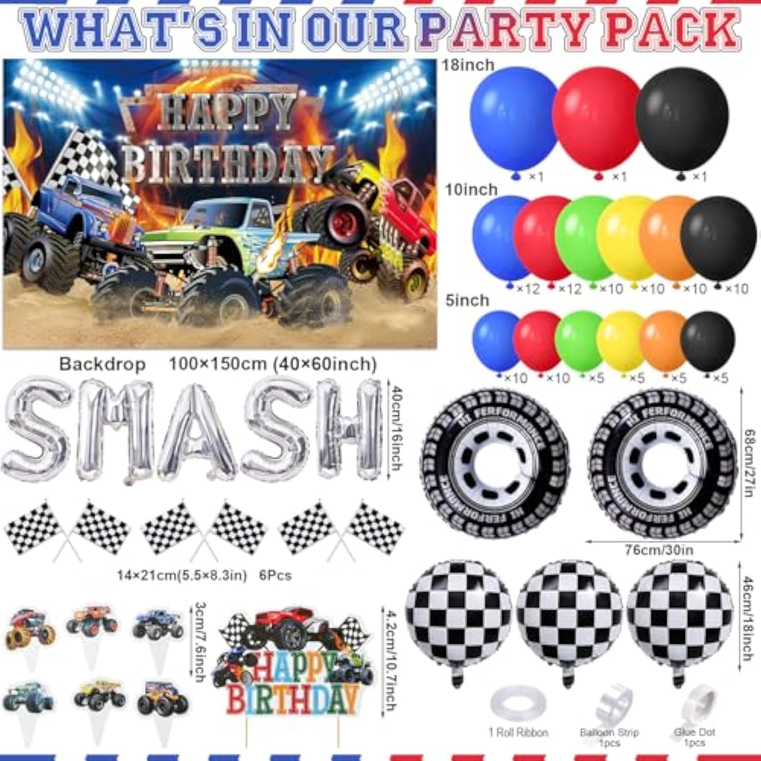 145Pcs Monster Truck Birthday Decorations Machines Jam Party Decoration With Truck Theme Balloon Garland Arch Kit Wheel Foil Balloon Backdrop Cake Topper Baby Shower Truck Birthday Supplies For Boys