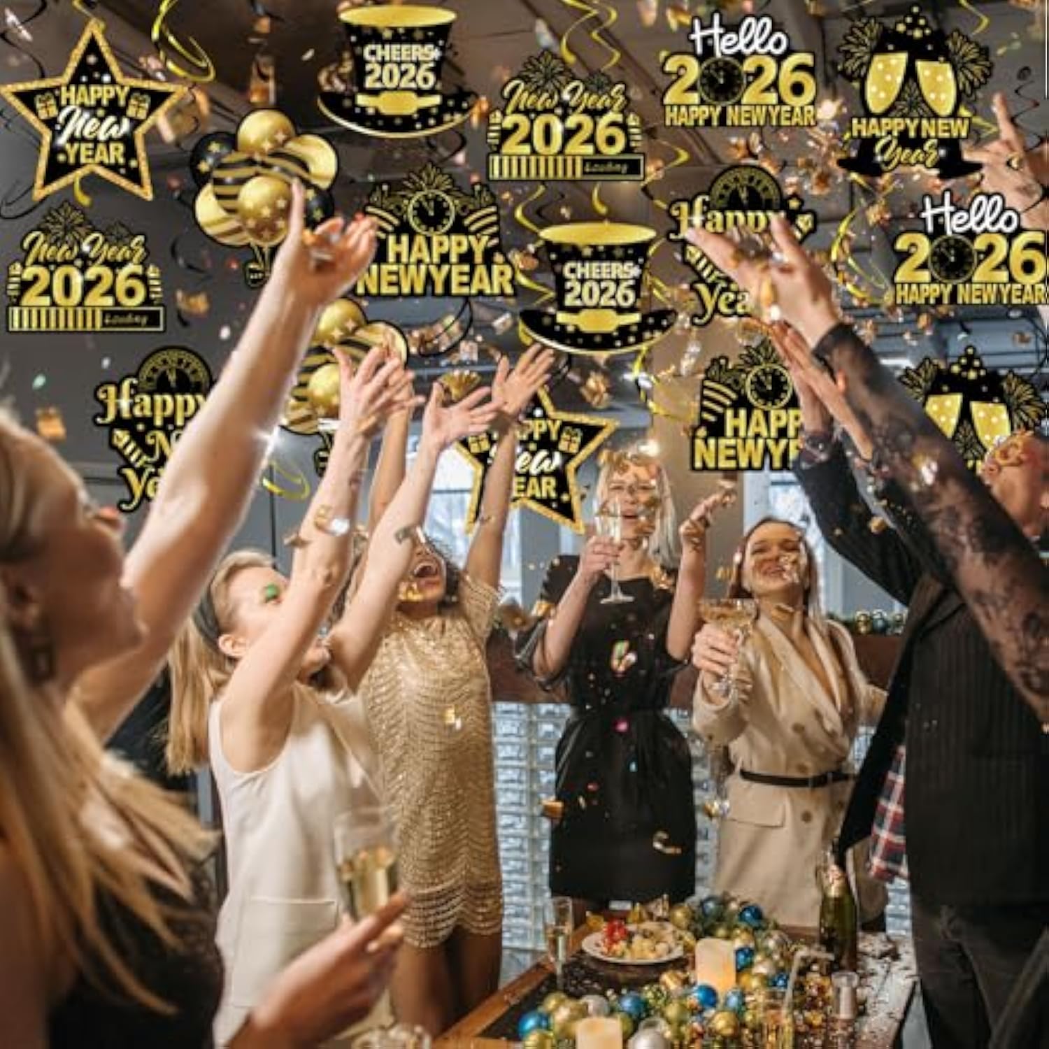40pcs Black Gold Happy New Year 2026 Hanging Swirls Ceiling Streamers