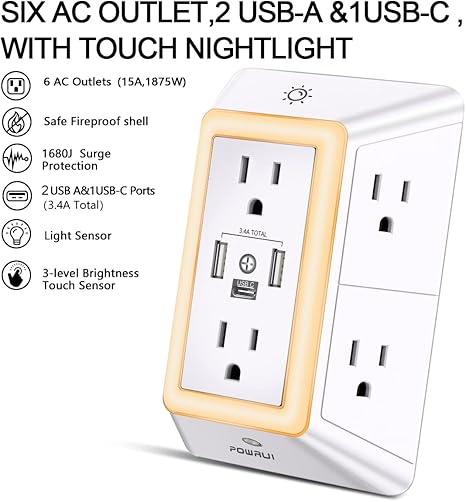 Wall Outlet Extender with Night Light 5 Outlets 4 USB Ports 1680J Surge Protector Multi Plug Adapter
