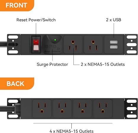 10 inch Rack PDU 1U Surge Protected Power Distribution Unit with 6 Outlets and 14AWG Cord