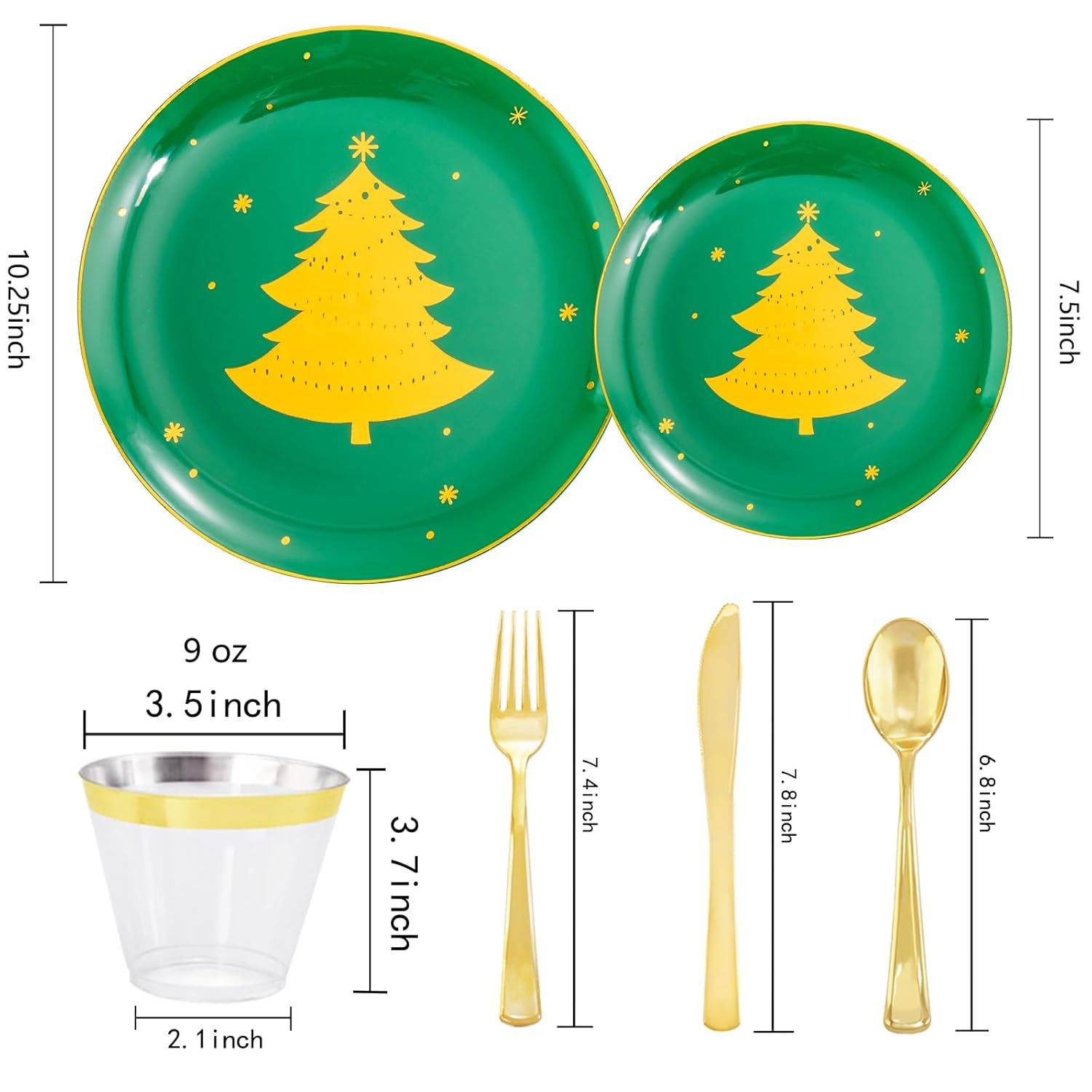 150Pcs Christmas Plates Plastic Disposable - 25 Guests Green Plates With Gold Tree, Gold Plastic Silverware, Clear Gold Cups, Christmas Design Perfect For Christmas Parties, Ej