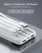 Portable Charger with Built-In Cables, 10000mAh Slim Power Bank, 6 Outputs, 3 Inputs