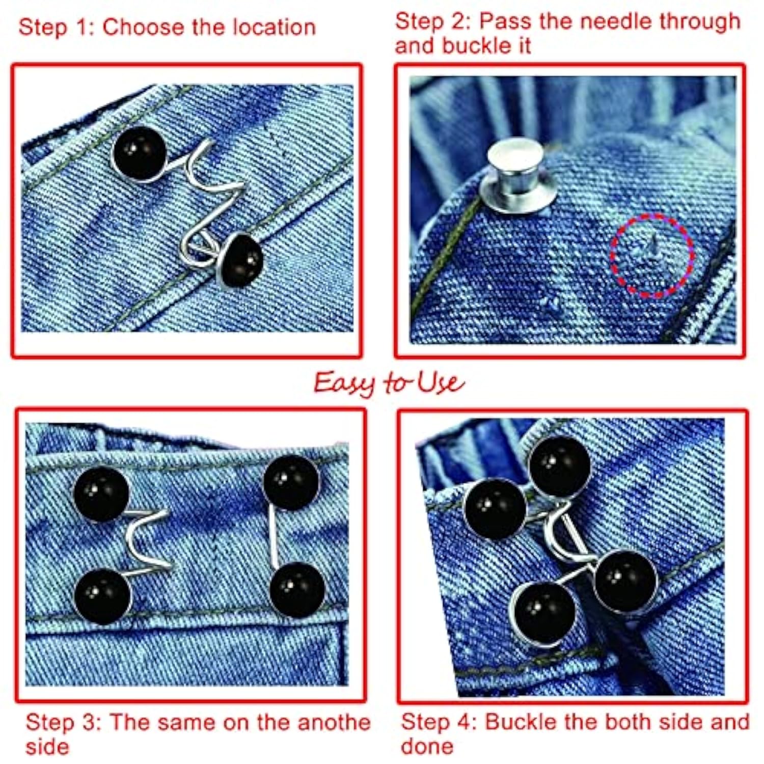 4 Set Pant Waist Tightener, Adjustable Waist Buckle Set, Extra Button For Jeans To Make Tighter, Button Adjuster For Pants, Jeans, Skirts, Sleeves, (Black)