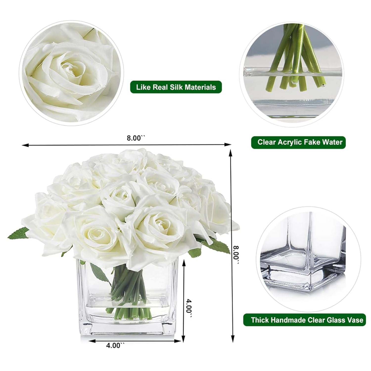 18 Heads Faux Rose Flowers In Vase, Fake Rose Flowers Arrangement In Vase With Fake Water For Dining Table, Wedding Decor (Cream)